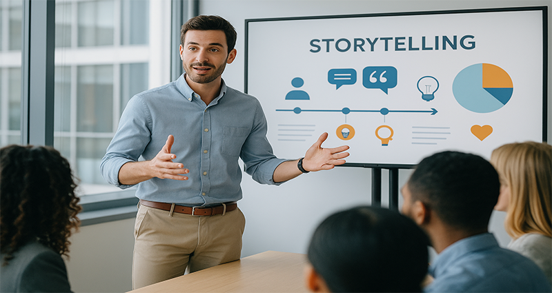 Modern bir ofiste, dijital ekranda “storytelling” başlığı altında görsellerle desteklenen bir sunum yapan genç erkek profesyonel ve dikkatle dinleyen ekip üyeleri.