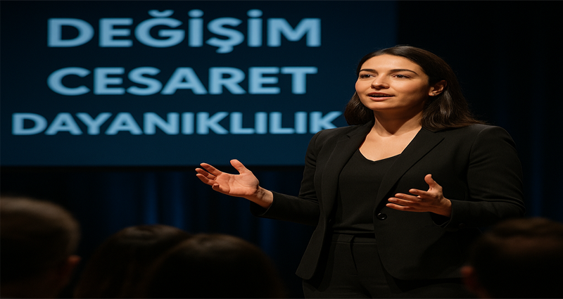 Sahne ışıkları altında “DEĞİŞİM, CESARET, DAYANIKLILIK” temalarıyla hikâye anlatımı yapan profesyonel kadın storyteller, etkili bir konuşmayla izleyicilere ilham veriyor.